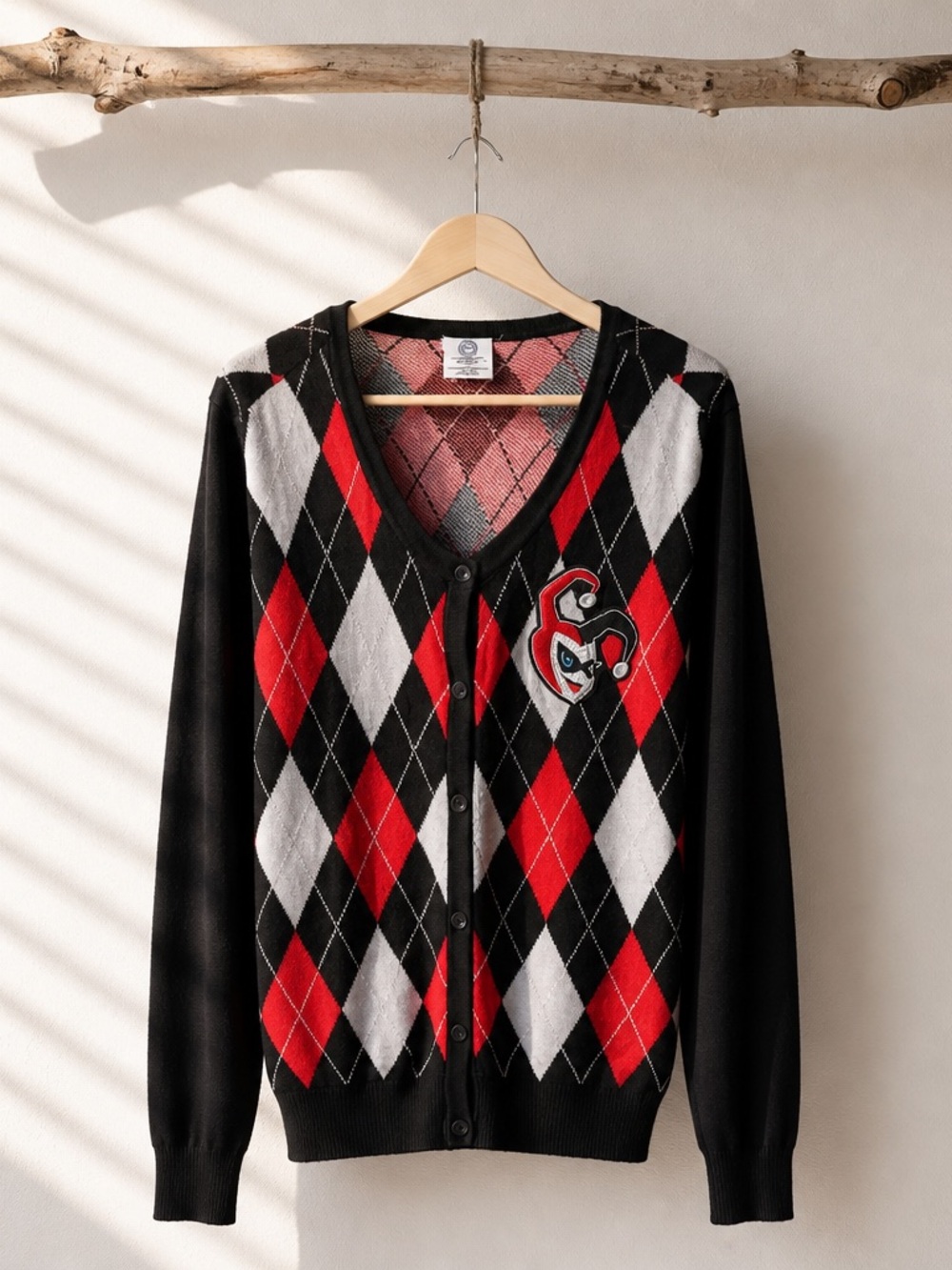 DC Comics Harley Quinn Black Red Argyle Knit Jester Patch Cardigan Sweater XL